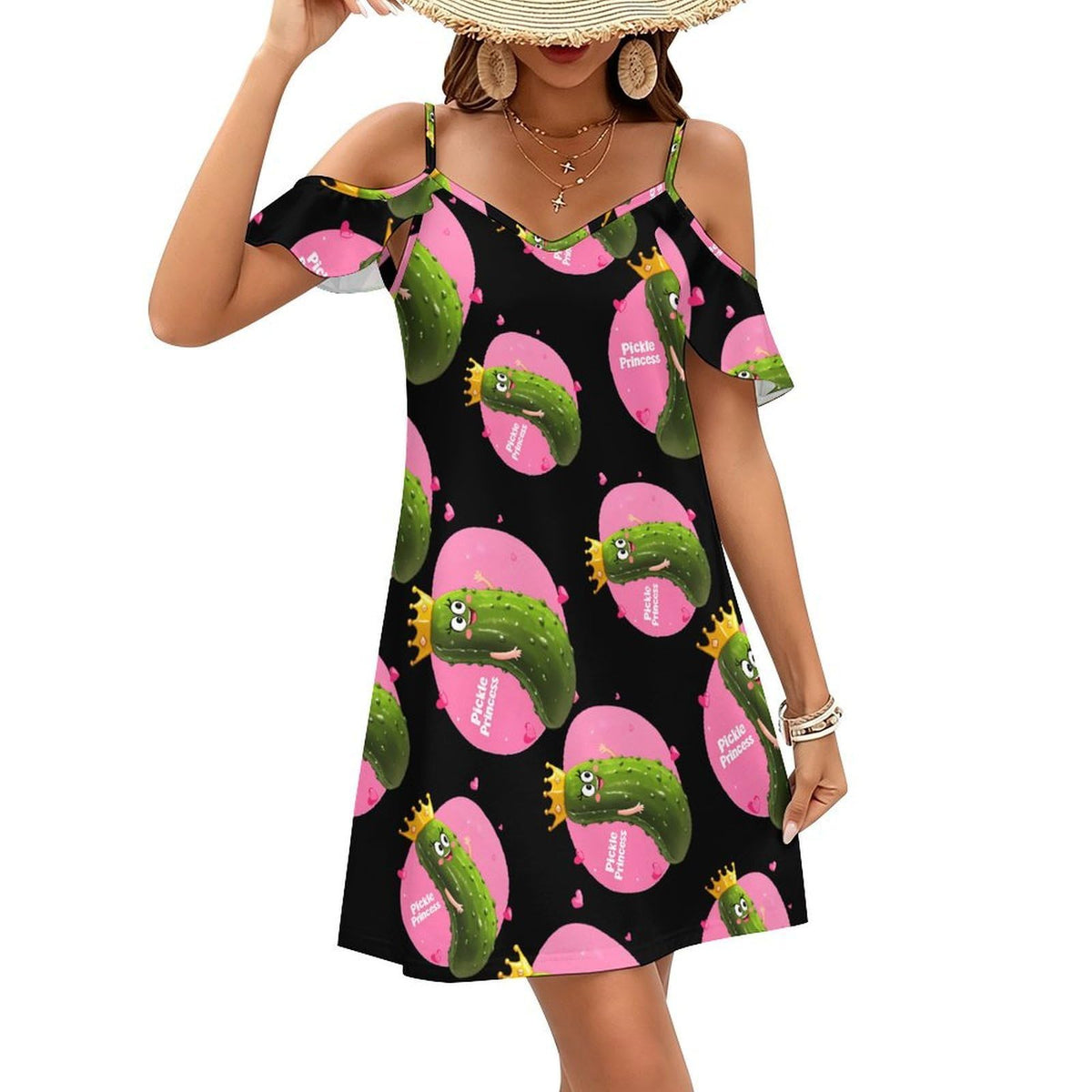 d'été courte à épaules dénudées, motif cornichon, inspirée de la princesse cornichon. Robe de plage/fête à volants.