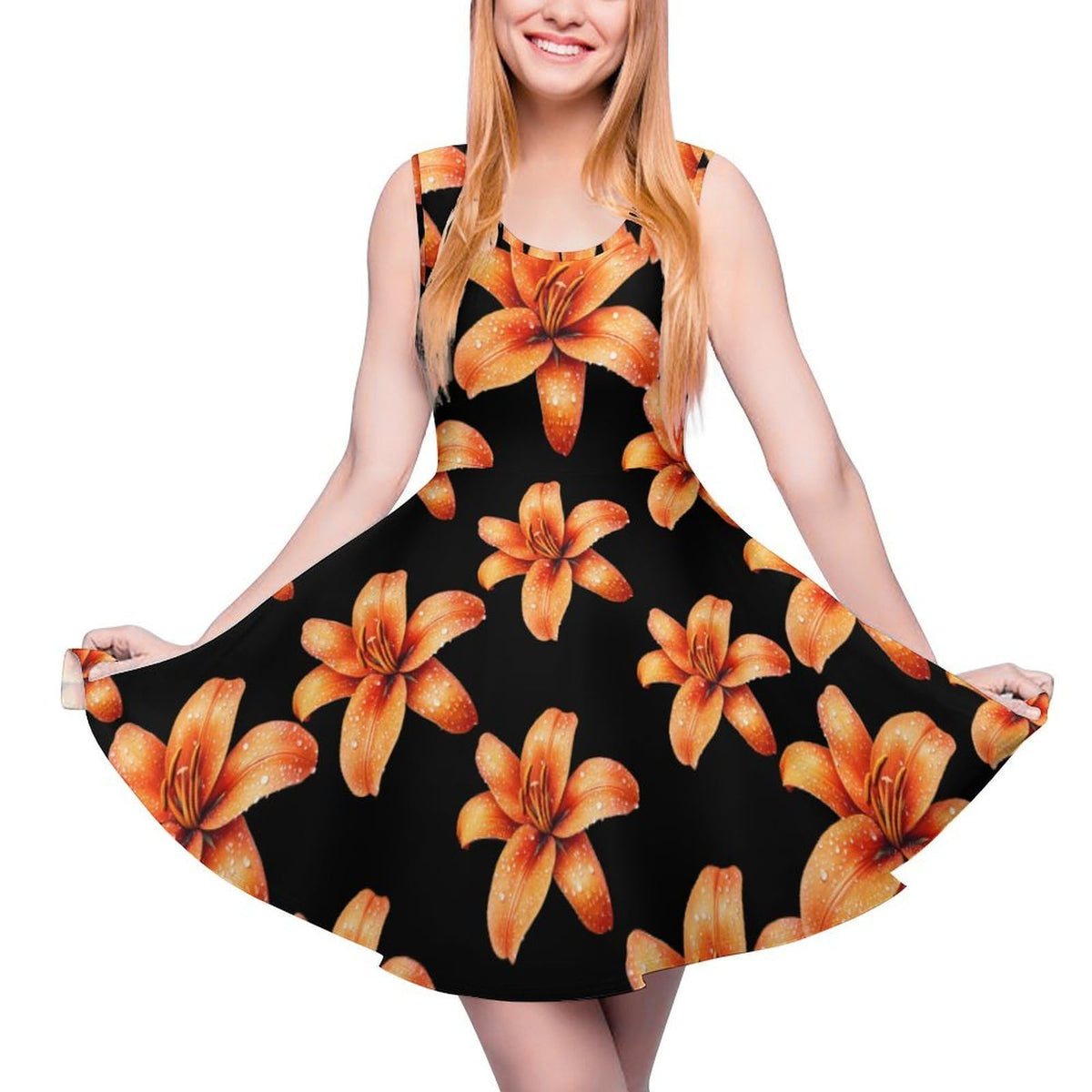 d'été décontractée pour femme, motif lys orange, sans manches, style plage. Débardeur/robe d'été.